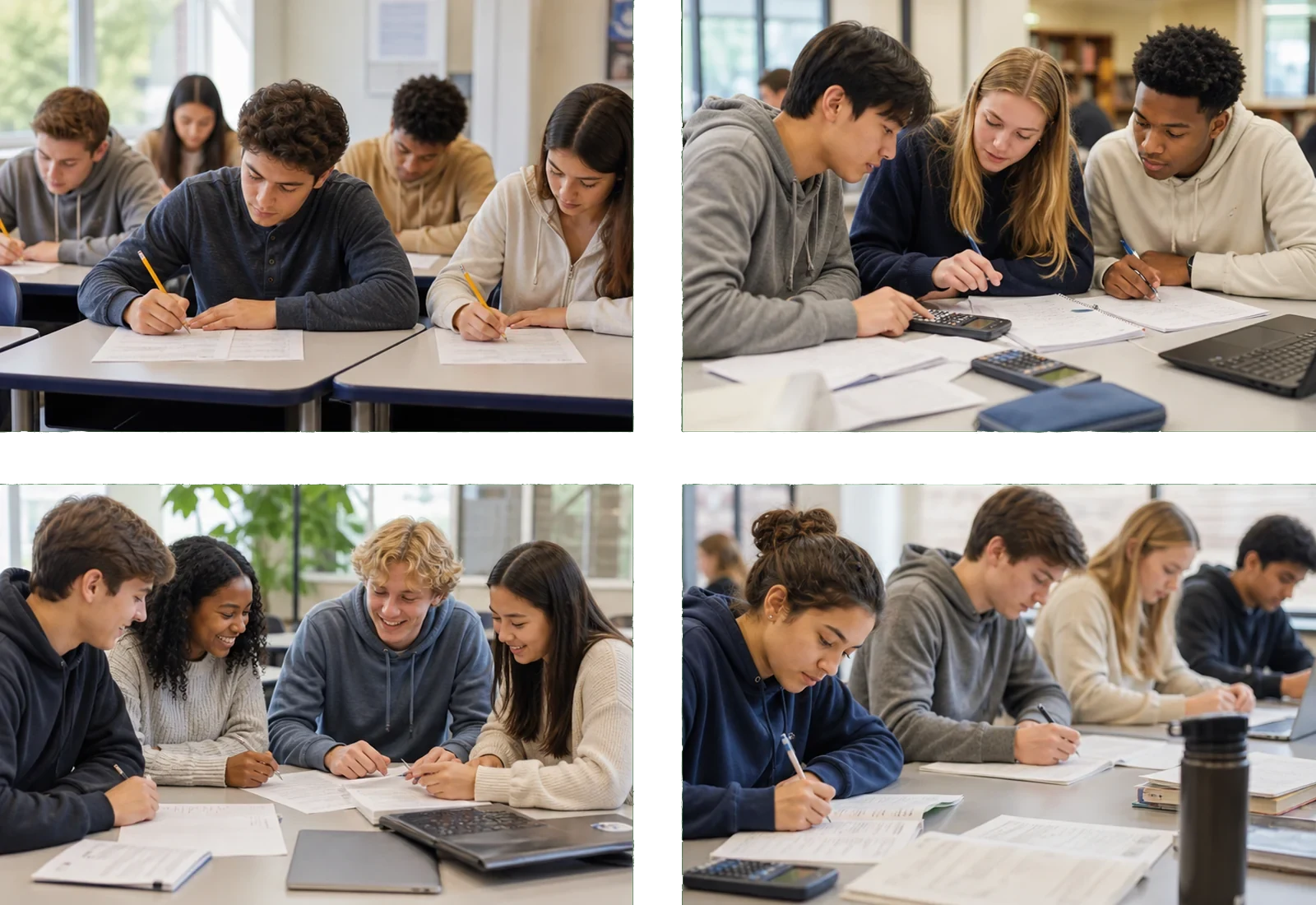 Four classroom scenes of high school seniors preparing for the SAT and ACT