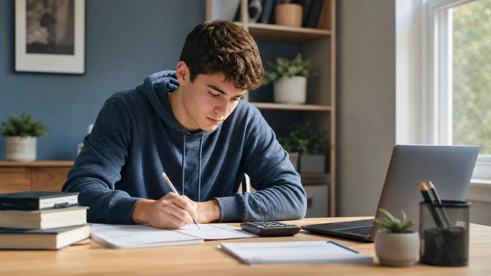 High school senior preparing for the SAT and ACT with a laptop and practice materials
